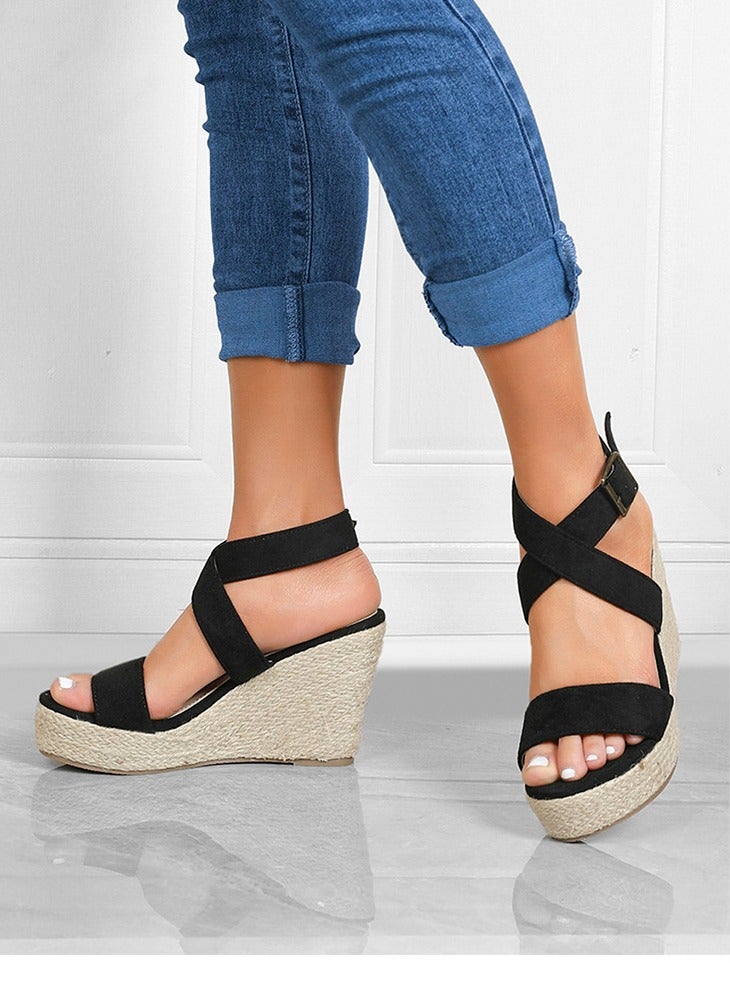 Summer High Heels With Open-Toed Wedge Sandals Black