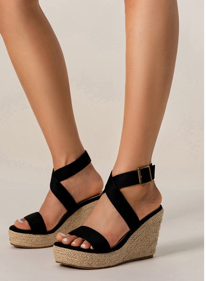 Summer High Heels With Open-Toed Wedge Sandals Black