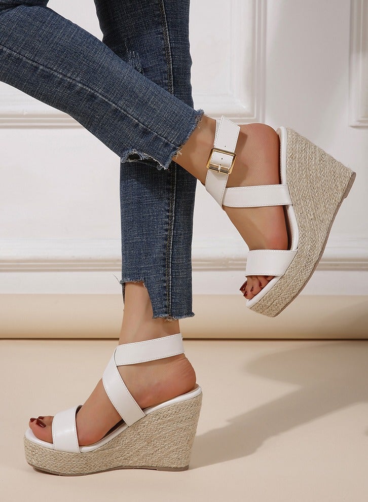 Summer High Heels With Open-Toed Wedge Sandals White