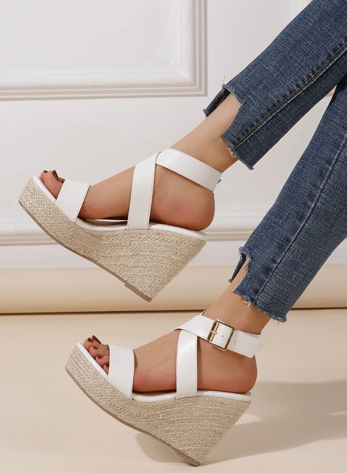 Summer High Heels With Open-Toed Wedge Sandals White