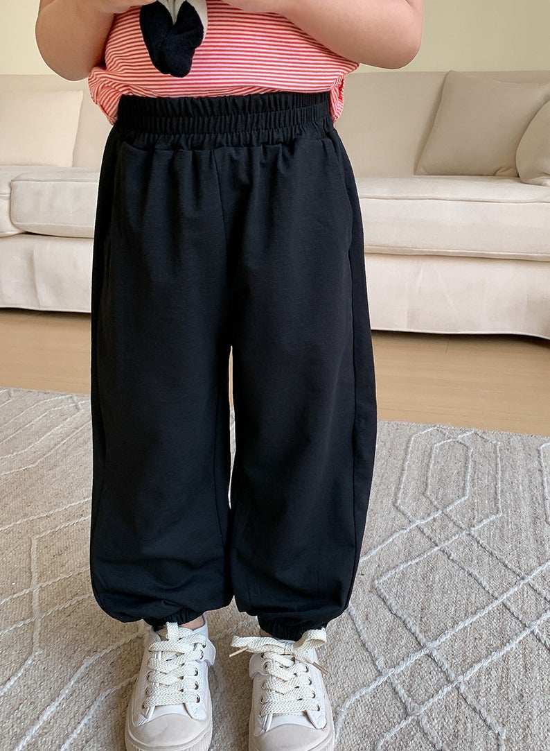 Kids' Solid Color Elastic Waist Loose Wide Leg Pants Black