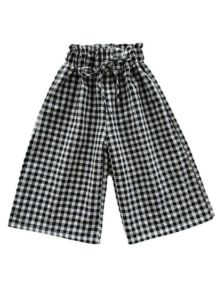 Girls' Checkered Pattern Elastic Waist Nine Point Wide Leg Pants Black/White