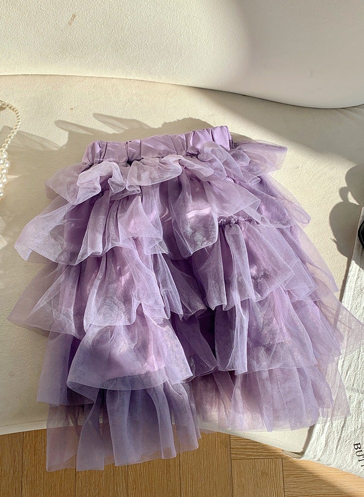 Girls Solid Color Tutu Skirts Kids Fashion 5-Layer Ruffle Tulle Fluffy Elastic Waist Gauze Skirt Purple