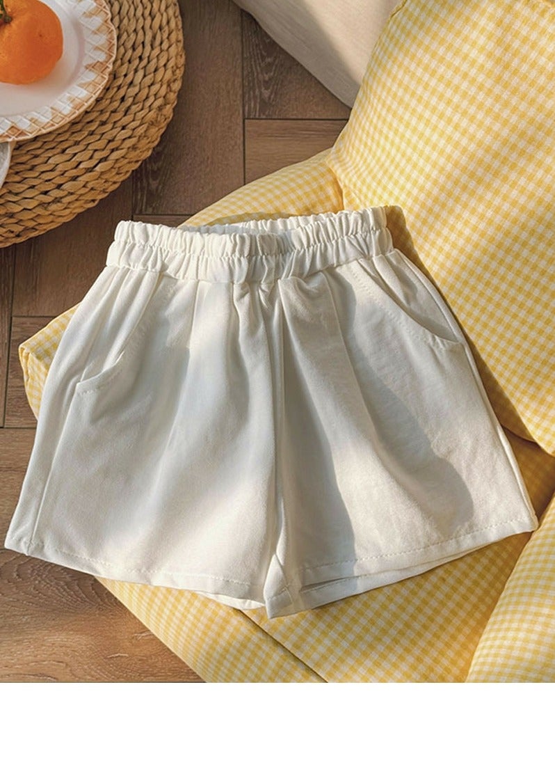 Girls Solid Color Elastic Waist Shorts With Pockets Summer Casual Wear White