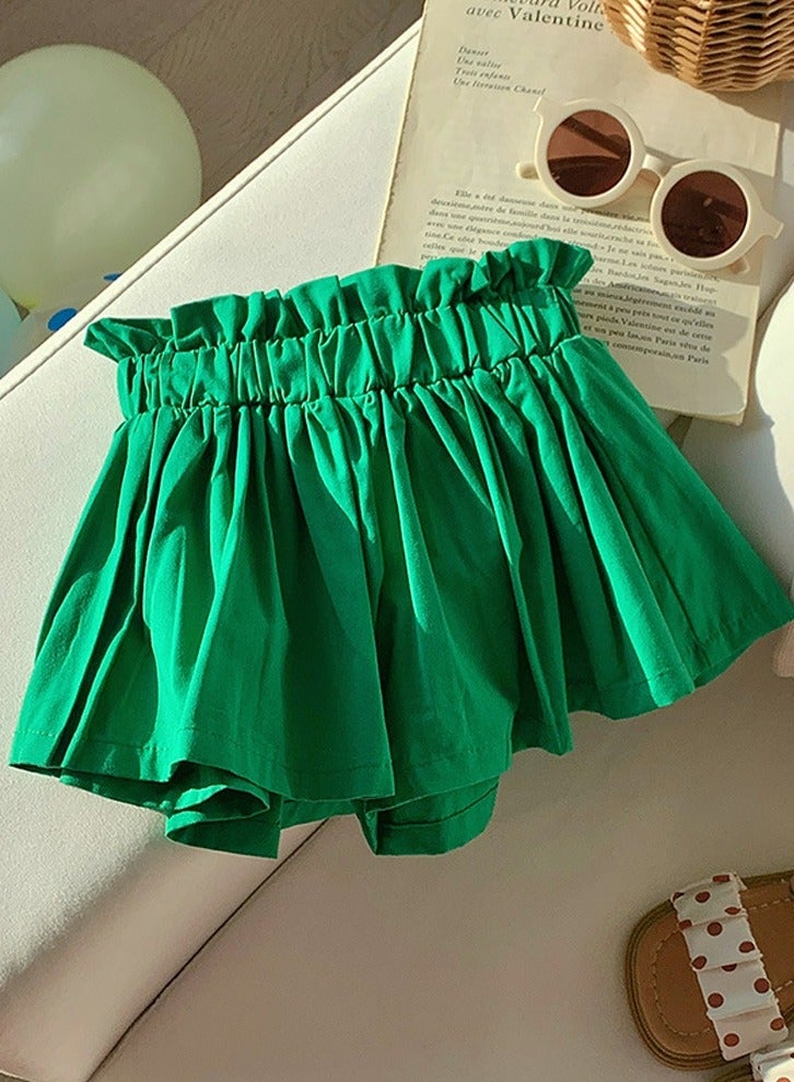 Girls Solid Color Elastic Waist Loose Shorts Summer Casual Wear Green