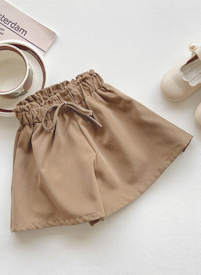 Girls Solid Color Elastic Waist Wide Leg Shorts Summer Casual Wear Khaki