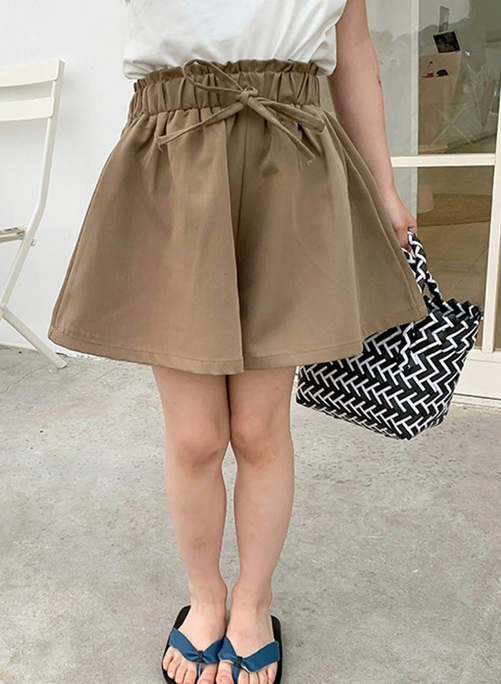 Girls Solid Color Elastic Waist Wide Leg Shorts Summer Casual Wear Khaki