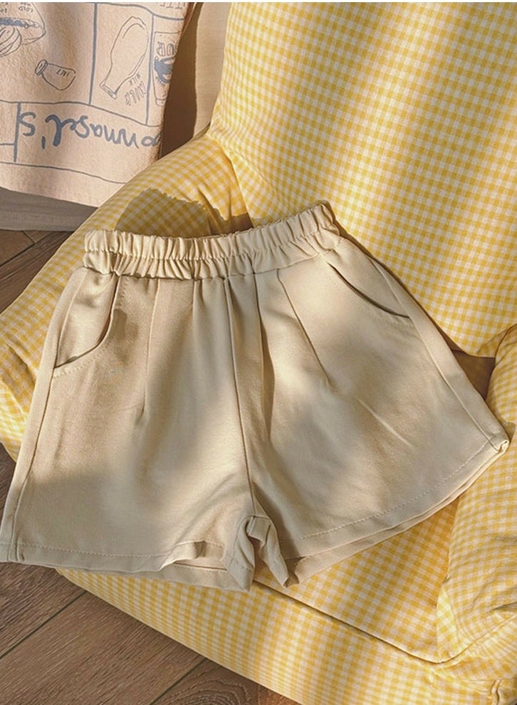 Girls Solid Color Elastic Waist Shorts With Pockets Summer Casual Wear Apricot