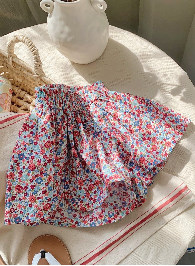 Girls Floral Printed Elastic Waist Shorts Summer Casual Wear