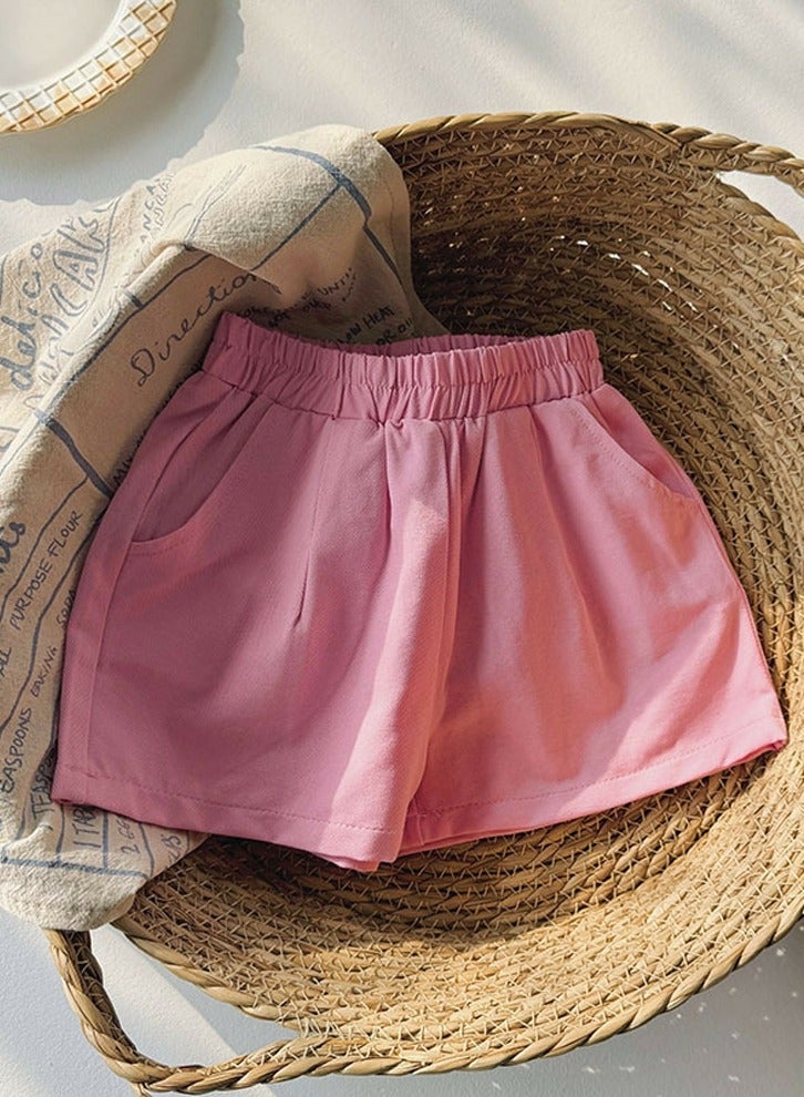 Girls Solid Color Elastic Waist Shorts With Pockets Summer Casual Wear Pink