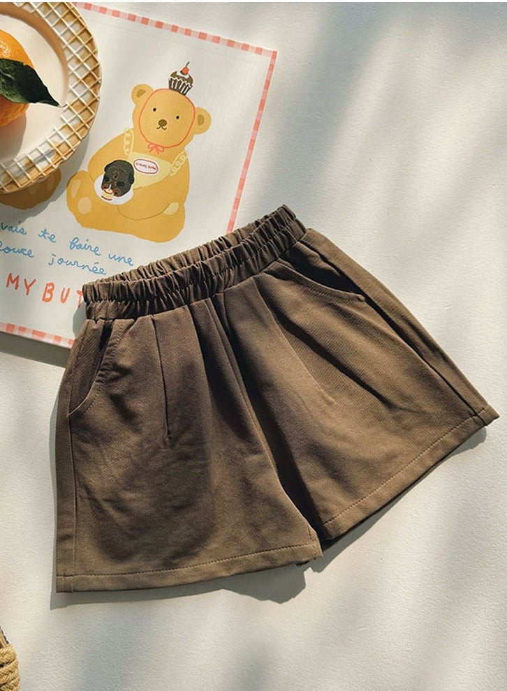 Girls Solid Color Elastic Waist Shorts With Pockets Summer Casual Wear Caramel