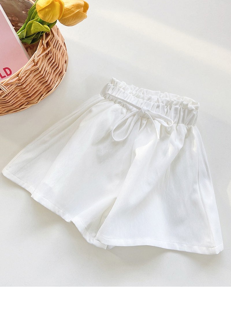 Girls Solid Color Elastic Waist Wide Leg Shorts Summer Casual Wear White