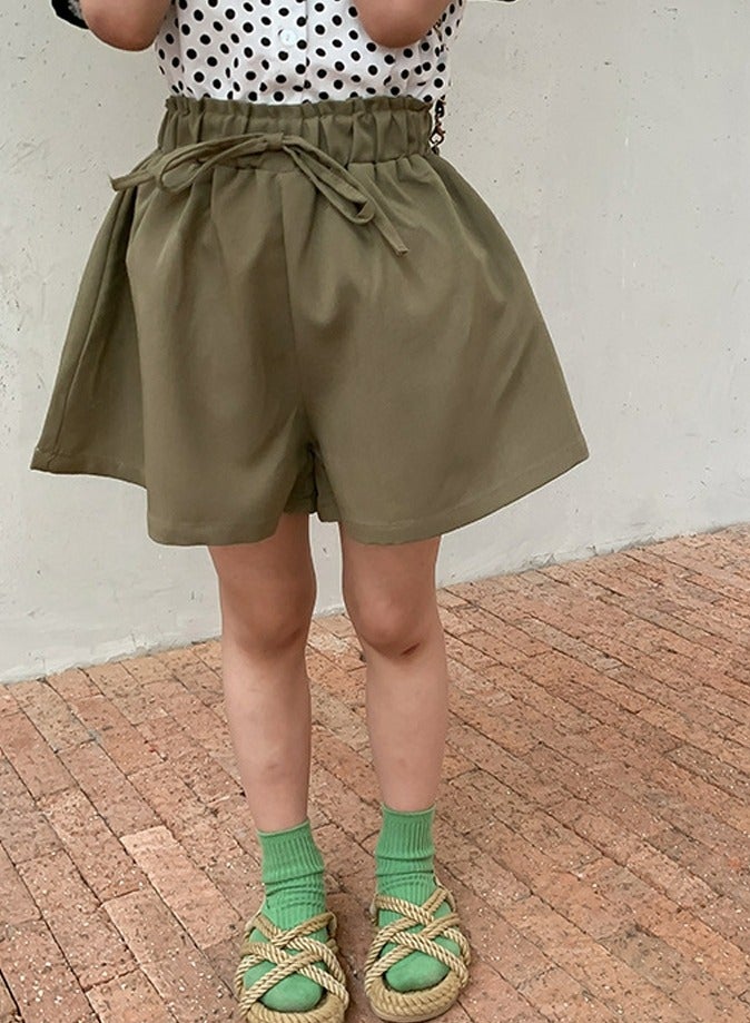 Girls Solid Color Elastic Waist Wide Leg Shorts Summer Casual Wear Olive Green