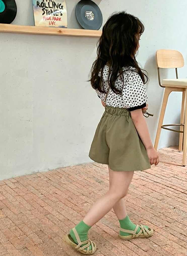 Girls Solid Color Elastic Waist Wide Leg Shorts Summer Casual Wear Olive Green