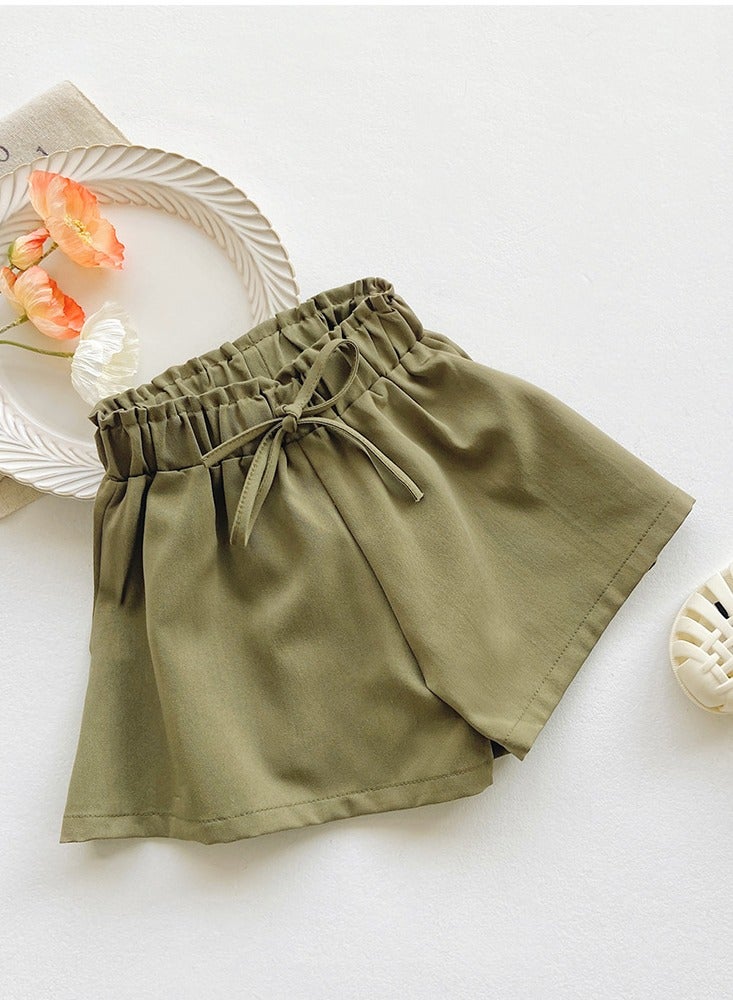 Girls Solid Color Elastic Waist Wide Leg Shorts Summer Casual Wear Olive Green