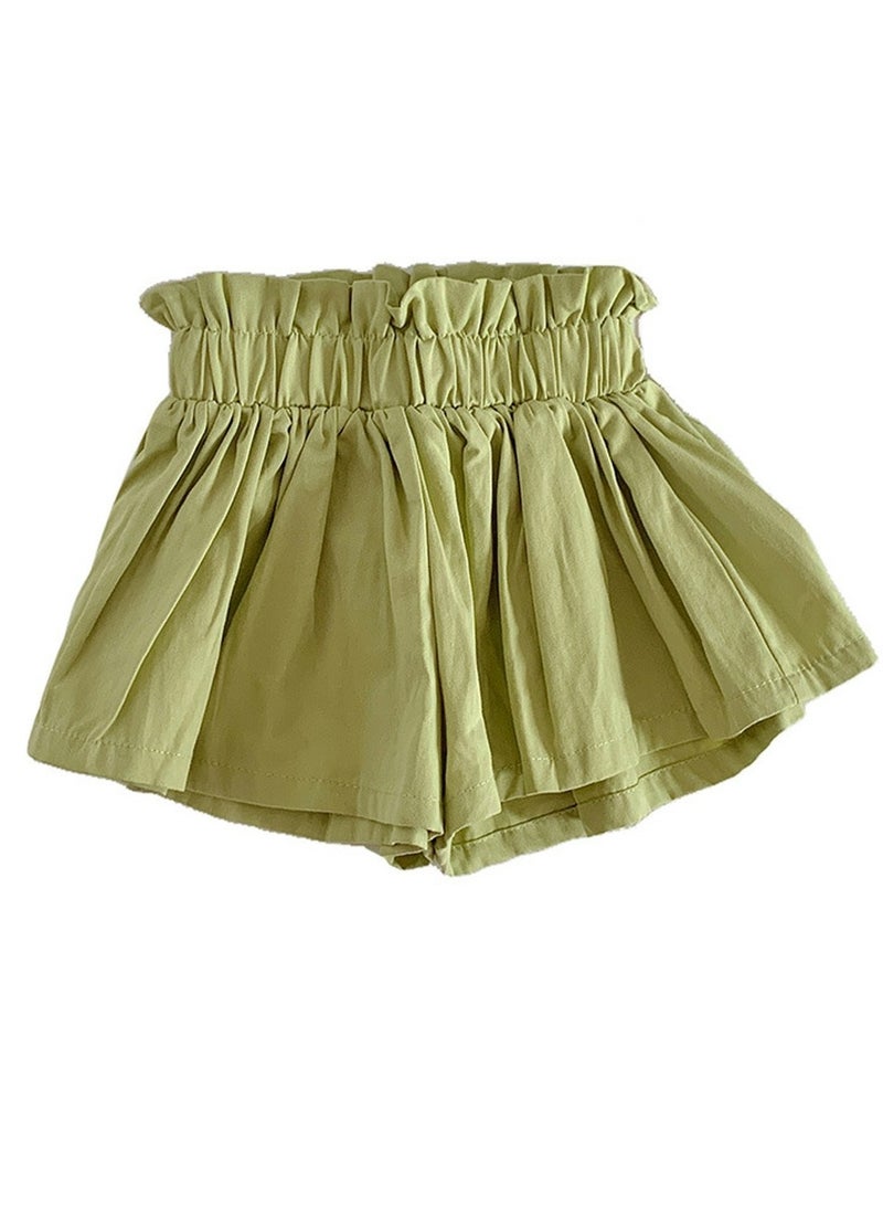 Girls Solid Color Elastic Waist Loose Shorts Summer Casual Wear Lemon Green