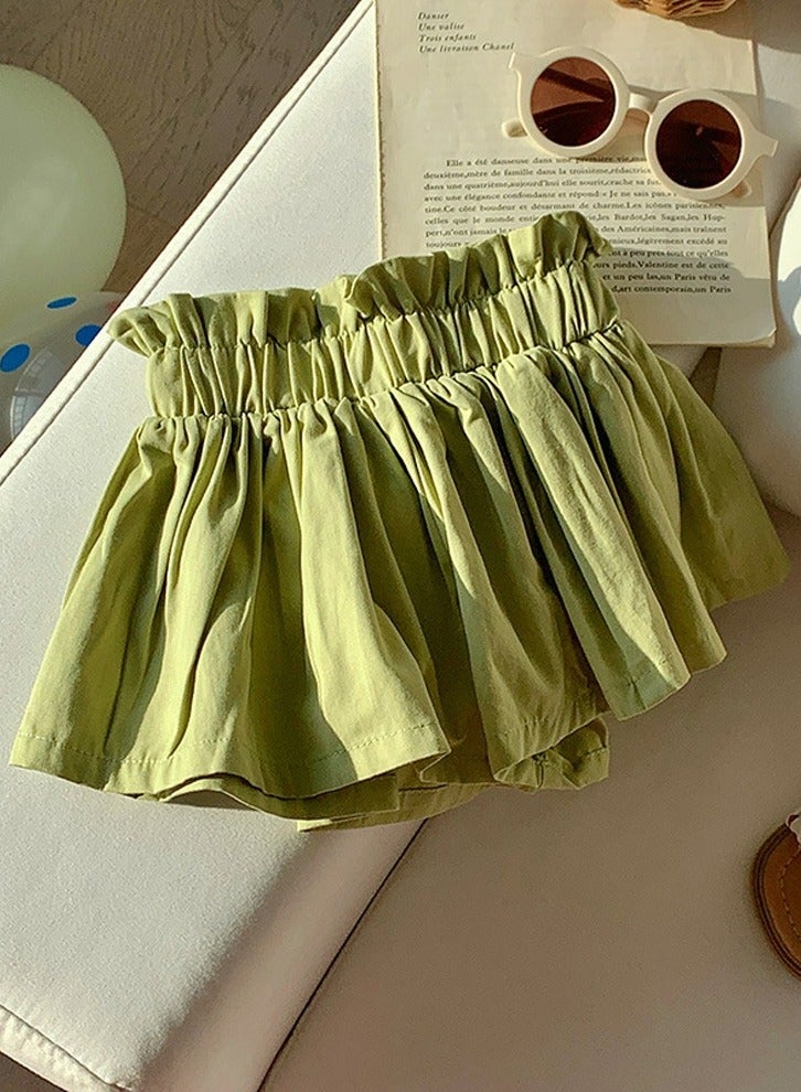 Girls Solid Color Elastic Waist Loose Shorts Summer Casual Wear Lemon Green