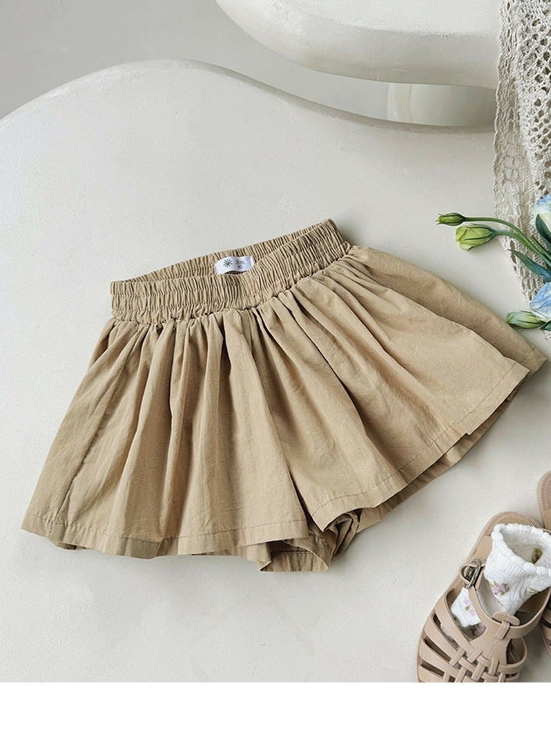 Girls Solid Color Elastic Waist Shorts Summer Casual Wear Beige