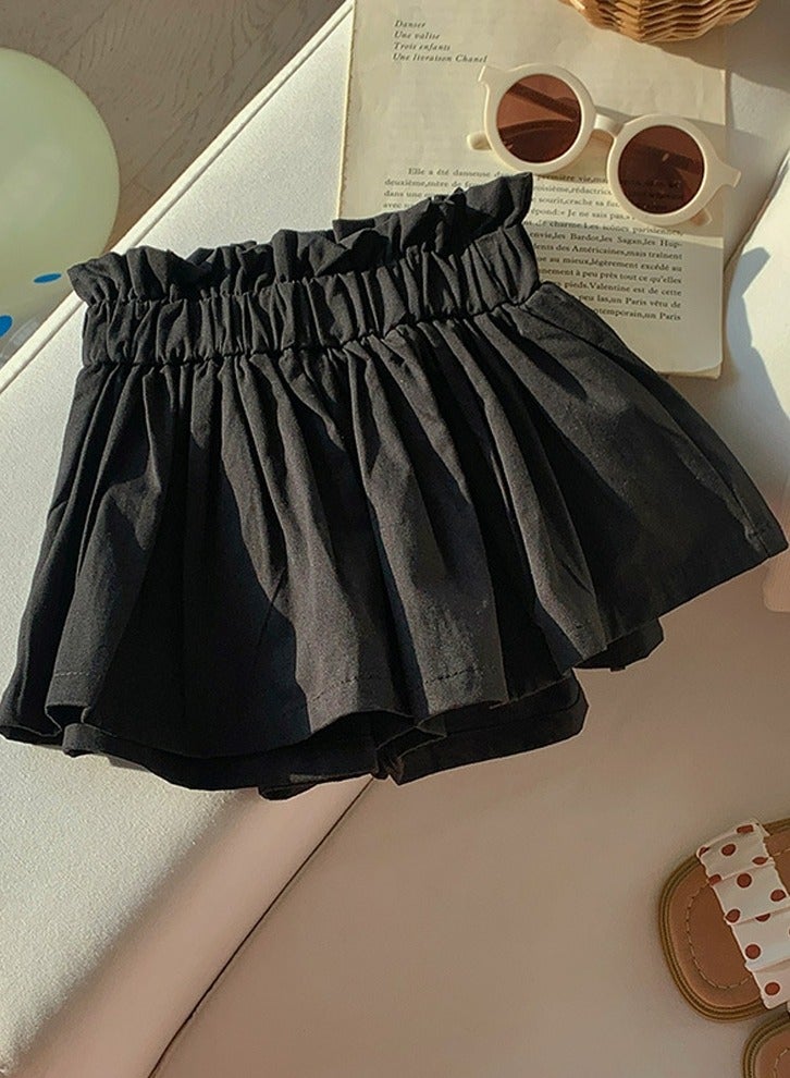 Girls Solid Color Elastic Waist Loose Shorts Summer Casual Wear Black