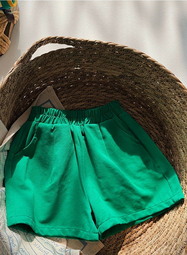 Girls Solid Color Elastic Waist Shorts With Pockets Summer Casual Wear Green