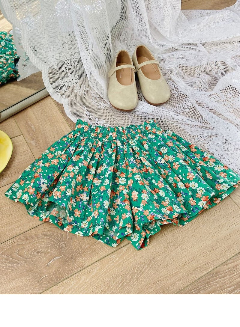 Girls Floral Printed Elastic Waist Shorts With Pockets Summer Casual Wear