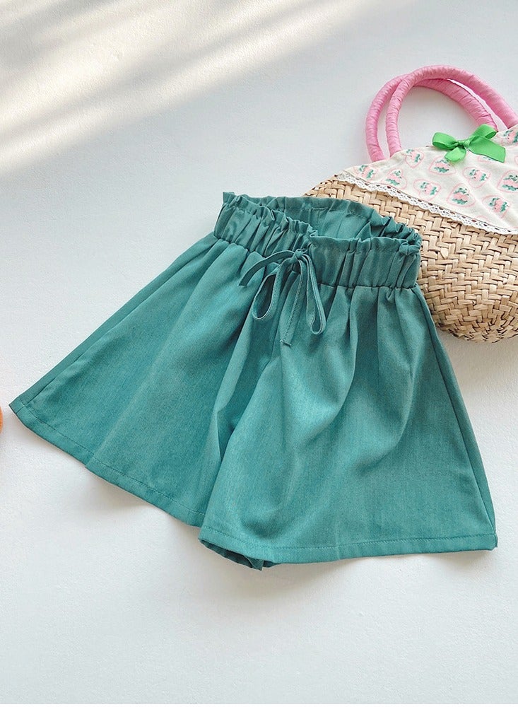 Girls Solid Color Elastic Waist Wide Leg Shorts Summer Casual Wear Green