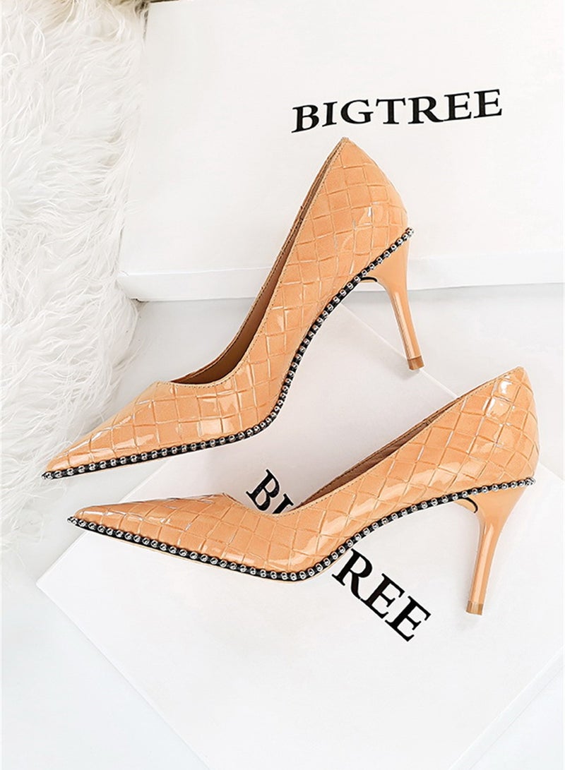 8cm Fashion Simple Slim Heels High Heels Bright Surface Patent Leather Shallow Mouth Pointed Women's Heels Brown