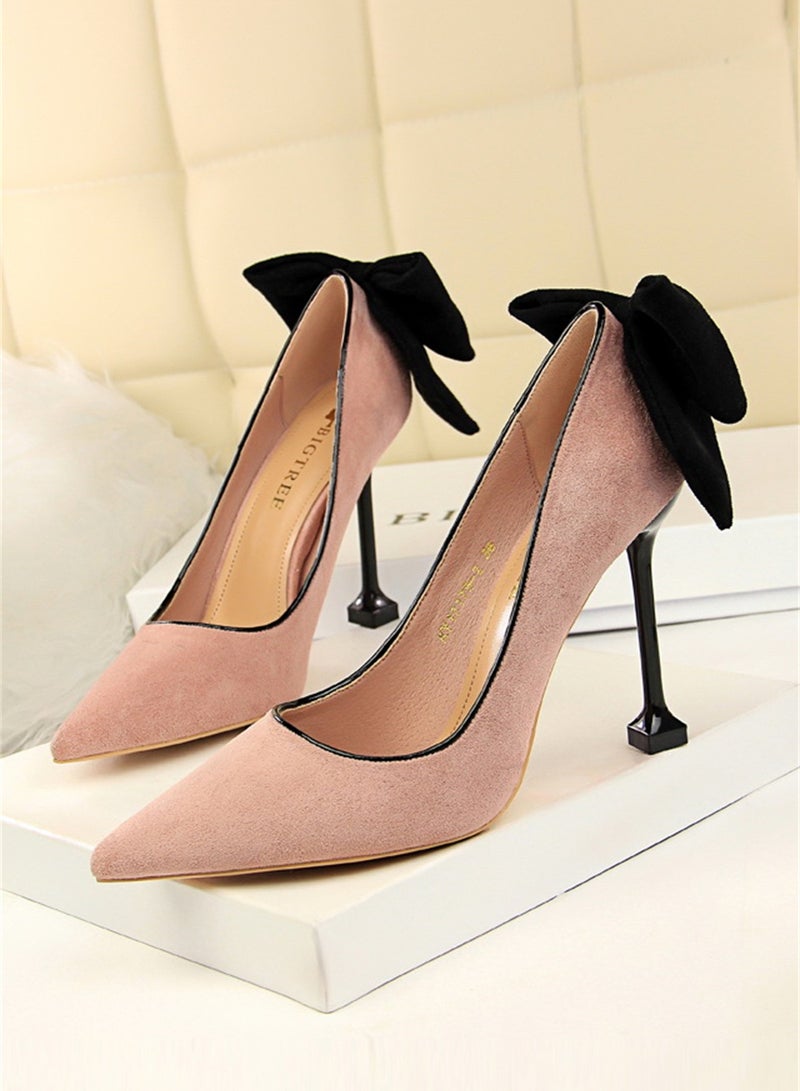 9.5cm Thin High Heels Women's Shoes Fine Heel Suede Shallow Mouth Pointed Bow Single Shoes Pink