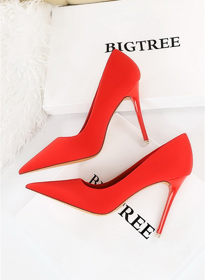 10.5cm Stylish Pedicure Slim Heels With Slim Satin Pumps With Pointed Toes Red