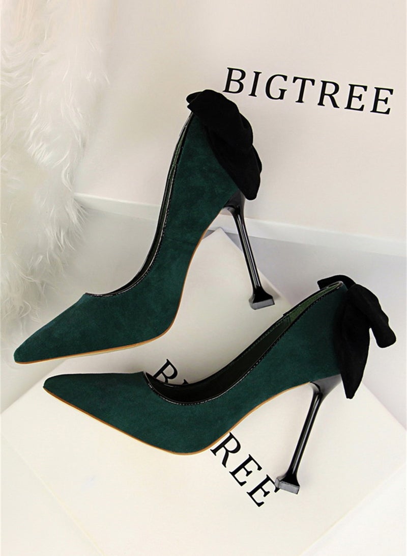 9.5cm Thin High Heels Women's Shoes Fine Heel Suede Shallow Mouth Pointed Bow Single Shoes Green