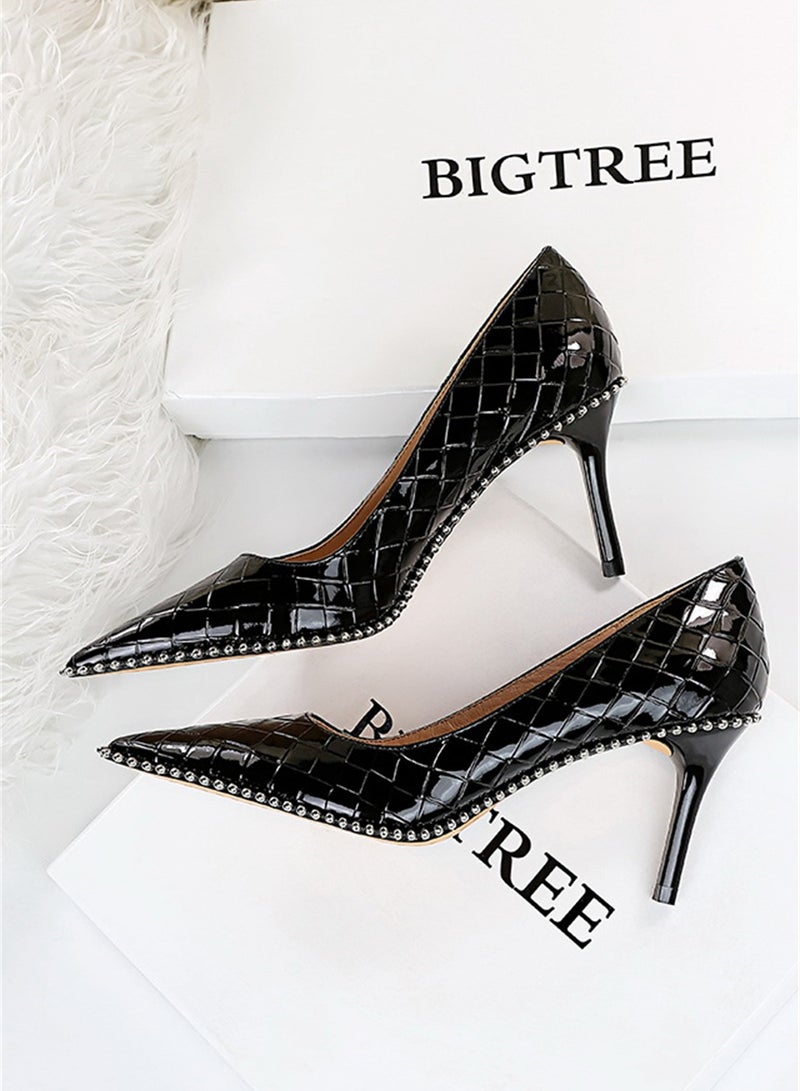 8cm Fashion Simple Slim Heels High Heels Bright Surface Patent Leather Shallow Mouth Pointed Women's Heels Black