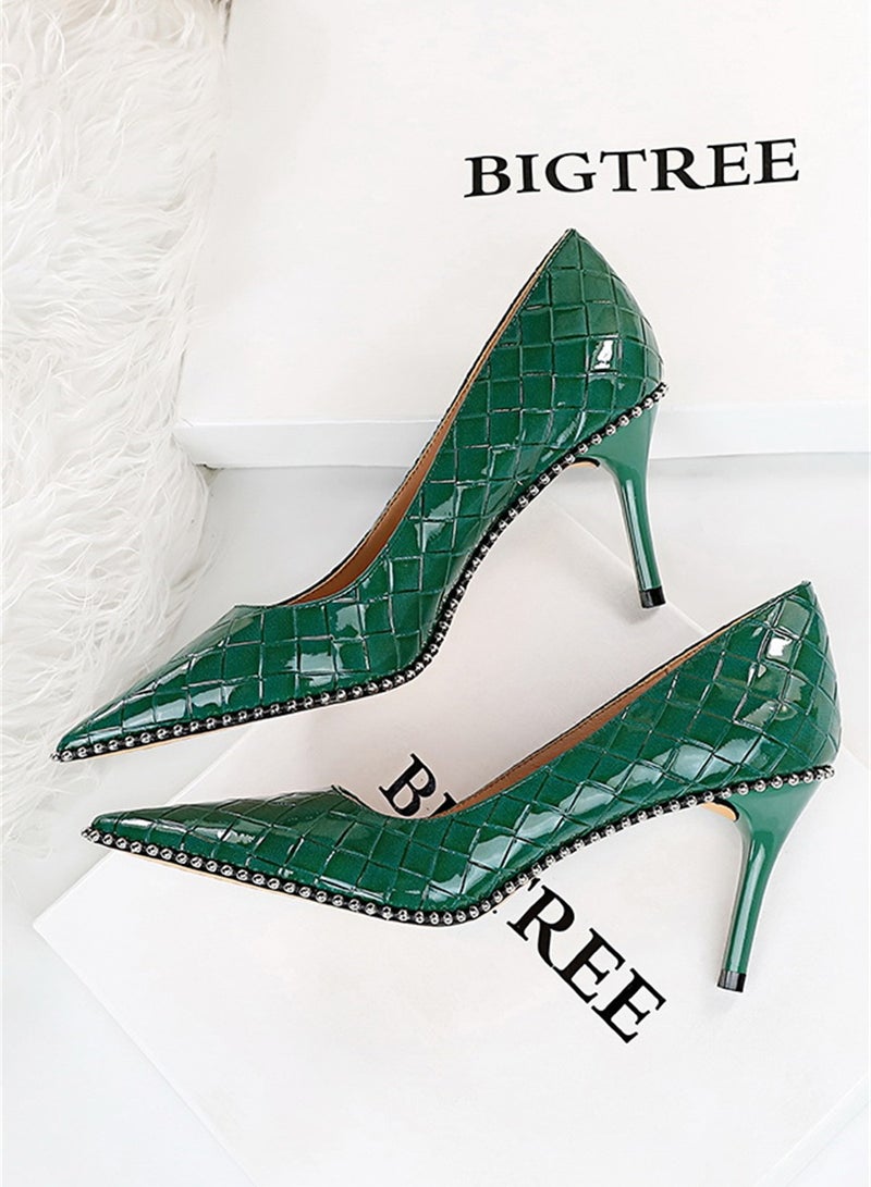 8cm Fashion Simple Slim Heels High Heels Bright Surface Patent Leather Shallow Mouth Pointed Women's Heels Green