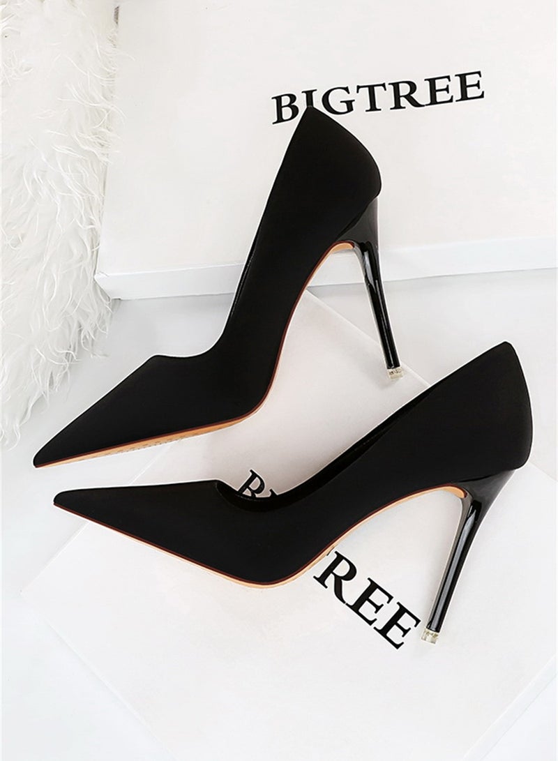 10.5cm Stylish Pedicure Slim Heels With Slim Satin Pumps With Pointed Toes Black