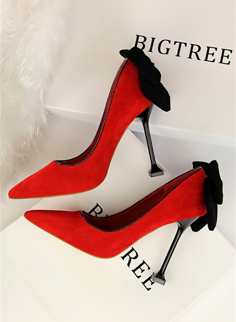 9.5cm Thin High Heels Women's Shoes Fine Heel Suede Shallow Mouth Pointed Bow Single Shoes Red