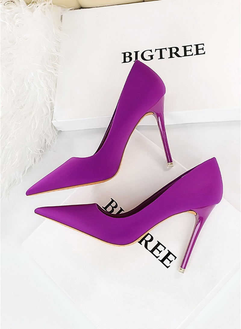 10.5cm Stylish Pedicure Slim Heels With Slim Satin Pumps With Pointed Toes Purple