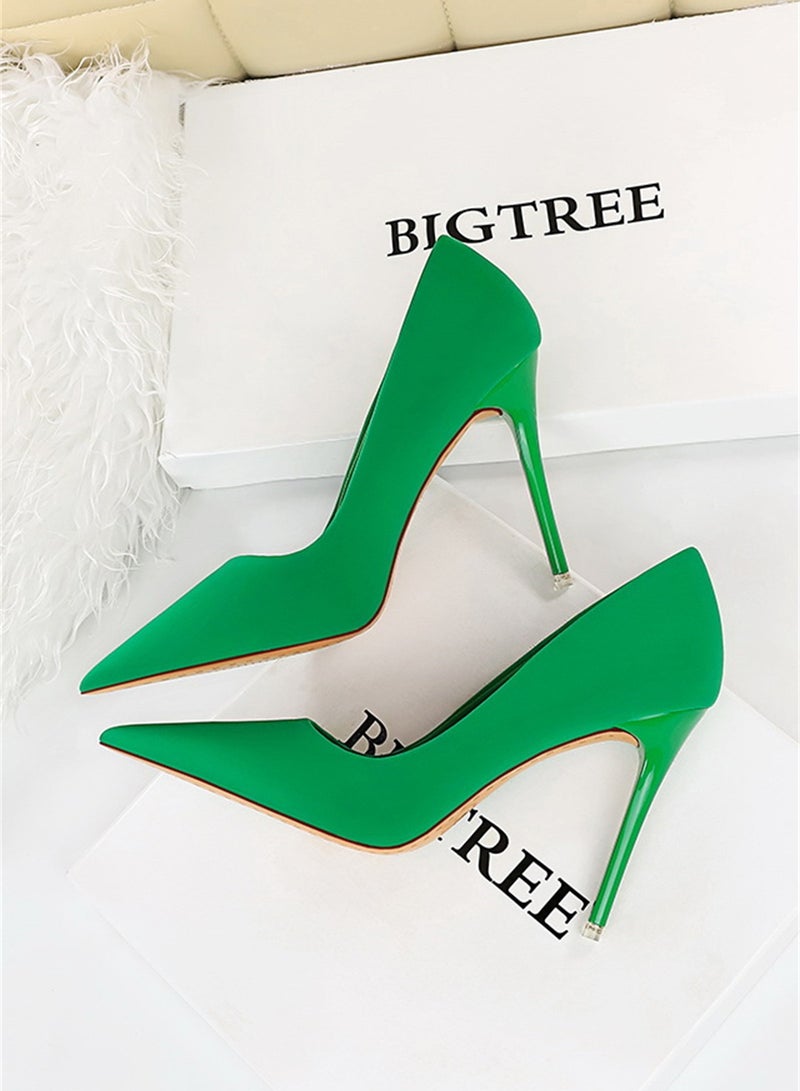 10.5cm Stylish Pedicure Slim Heels With Slim Satin Pumps With Pointed Toes Green