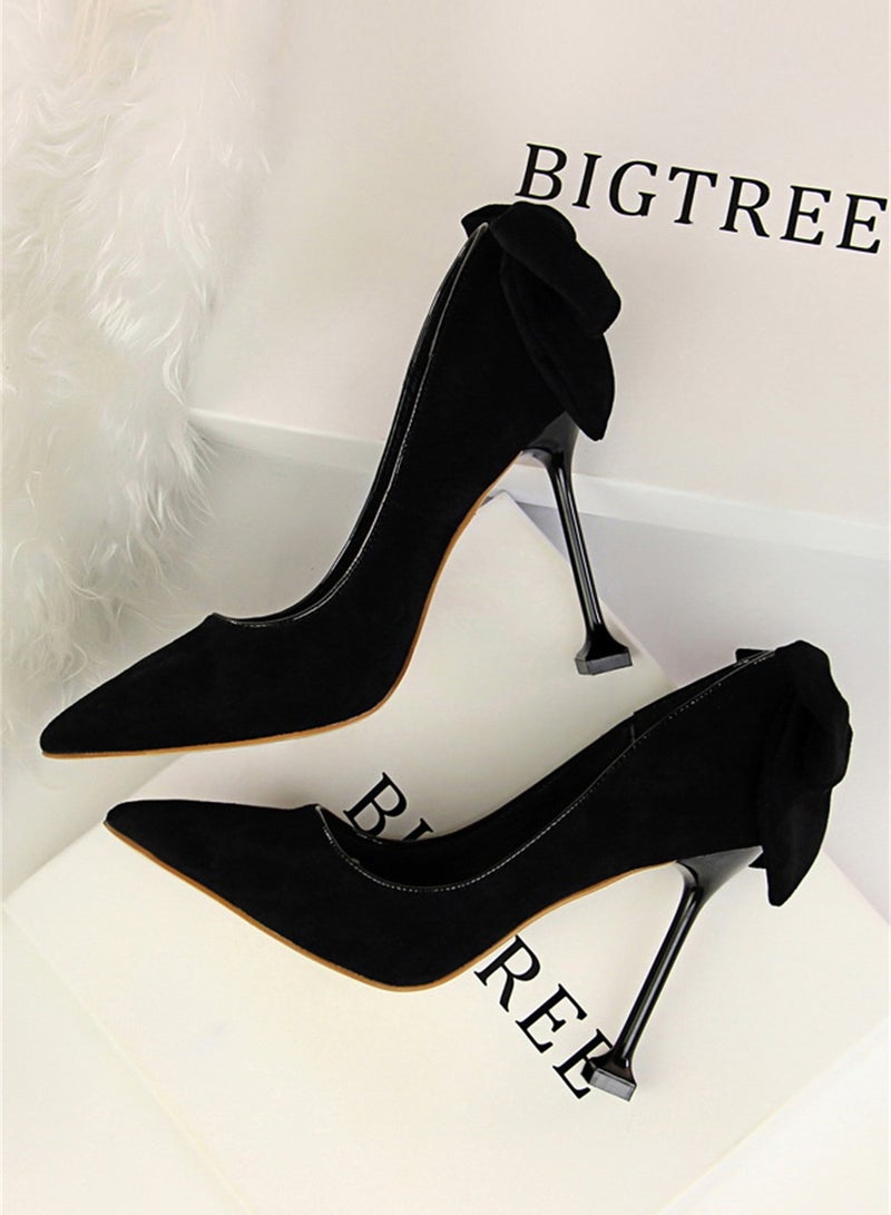 9.5cm Thin High Heels Women's Shoes Fine Heel Suede Shallow Mouth Pointed Bow Single Shoes Black