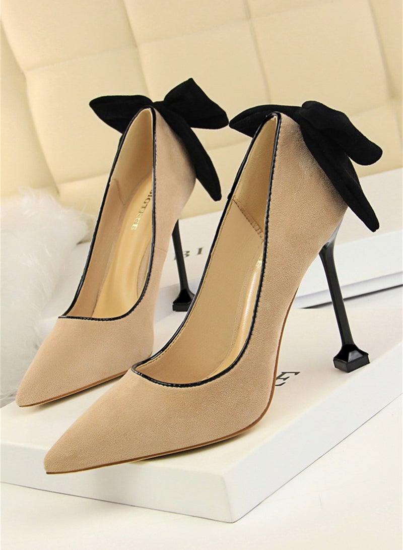 9.5cm Thin High Heels Women's Shoes Fine Heel Suede Shallow Mouth Pointed Bow Single Shoes Beige