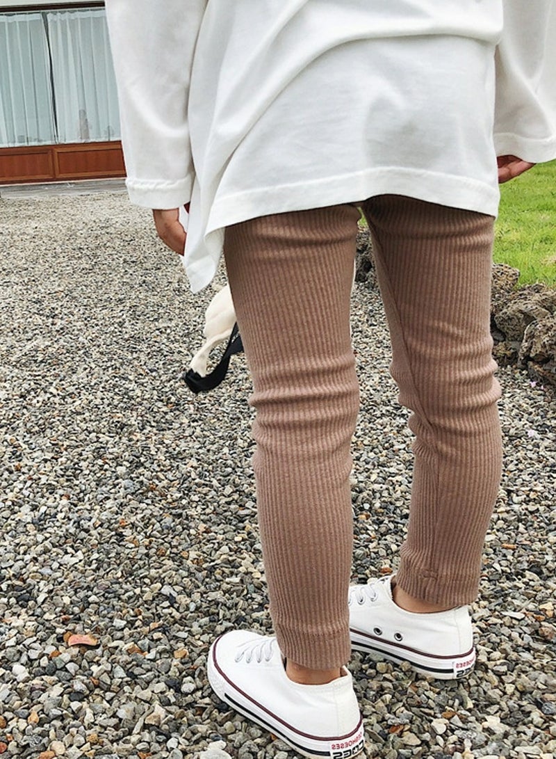Girls Solid Color Legging Ribbed Knit Footless Tights Kid Basic Stocking  Dress Bottom Top Pants Brown
