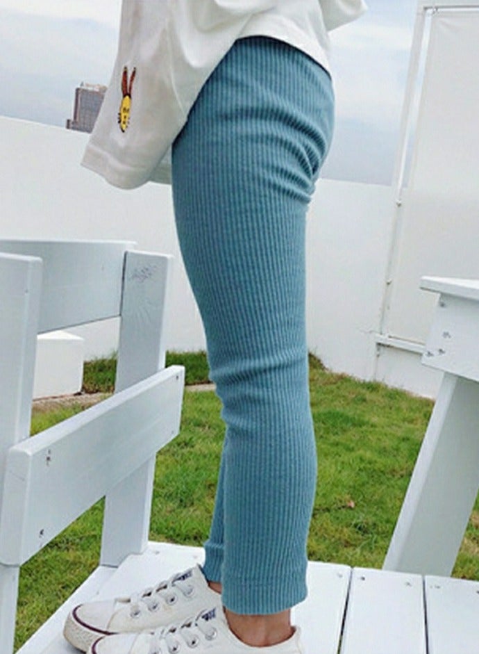 Girls Solid Color Legging Ribbed Knit Footless Tights Kid Basic Stocking  Dress Bottom Top Pants Dusty Blue