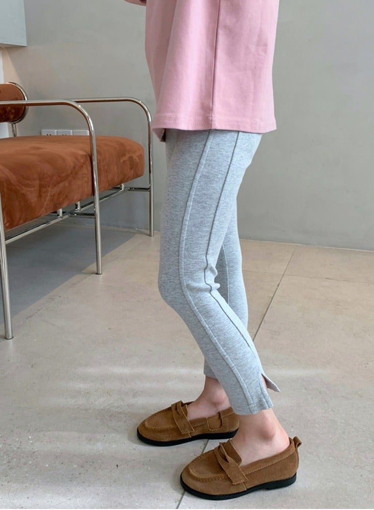 Girls Solid Color Legging Side Slit Tights Bottom Pants Light Gray