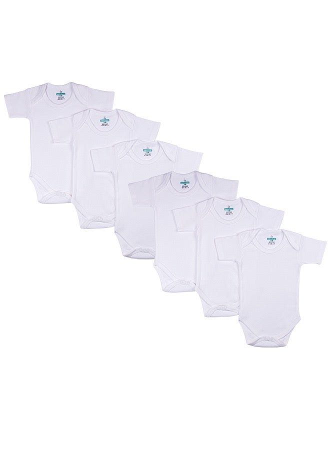 100% Super Combed Cotton, Short Sleeves Romper/Bodysuit, For New Born To 24Months, Set Of 6 - White