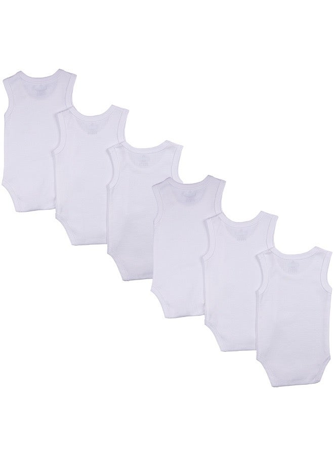 100% Super Combed Cotton, Sleeveless Romper/Bodysuit, For New Born To 24Months, Set Of 6 - White