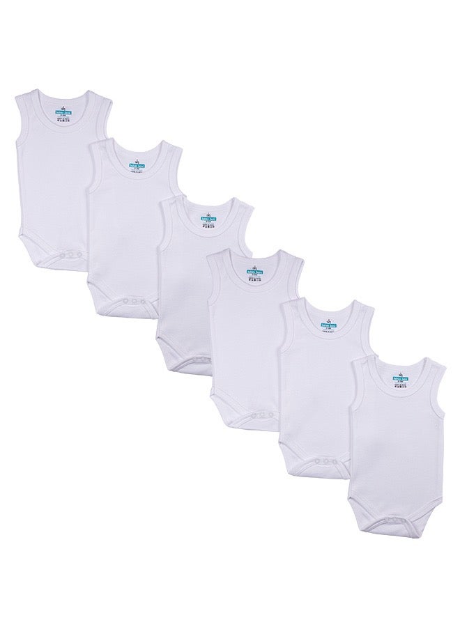 100% Super Combed Cotton, Sleeveless Romper/Bodysuit, For New Born To 24Months, Set Of 6 - White