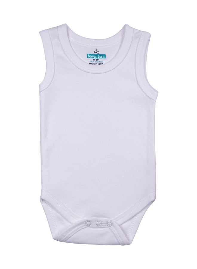 100% Super Combed Cotton, Sleeveless Romper/Bodysuit, For New Born To 24Months, Set Of 6 - White