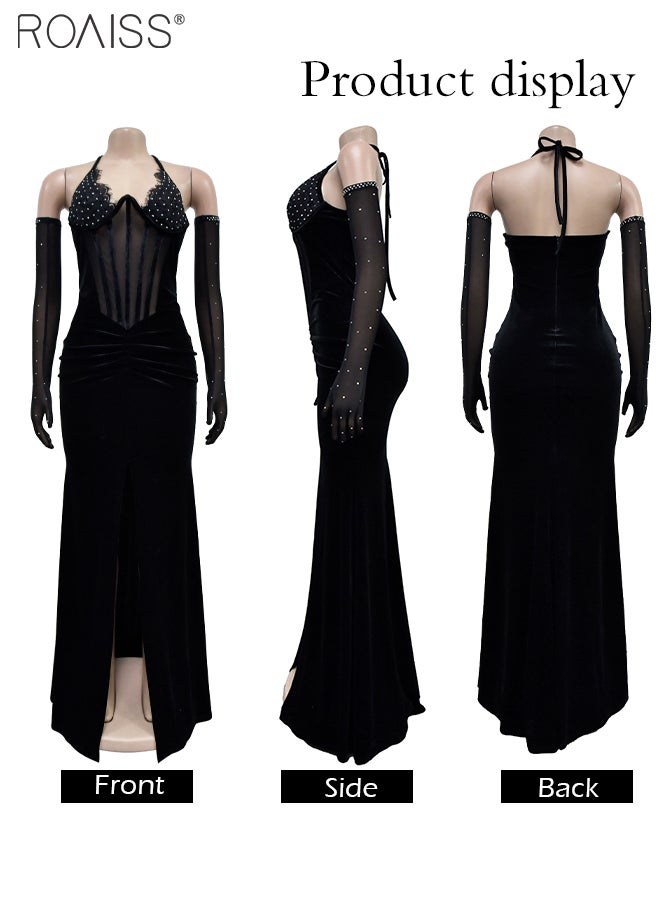 Fashionable Party Dress Women'S Velvet Rhinestone Formal Occasion Halter Neck Backless Dress