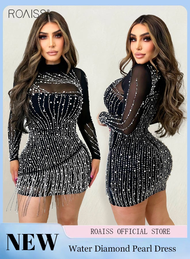 Fashion Pearl Rhinestone Dress Women Party Tassel Mesh Hip Cover Bodycon Dress