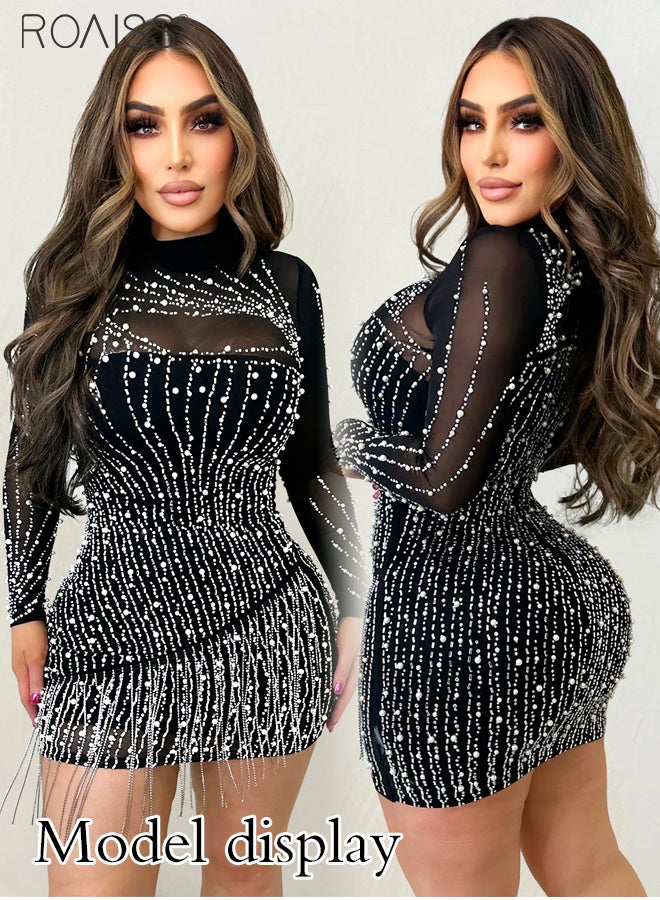 Fashion Pearl Rhinestone Dress Women Party Tassel Mesh Hip Cover Bodycon Dress