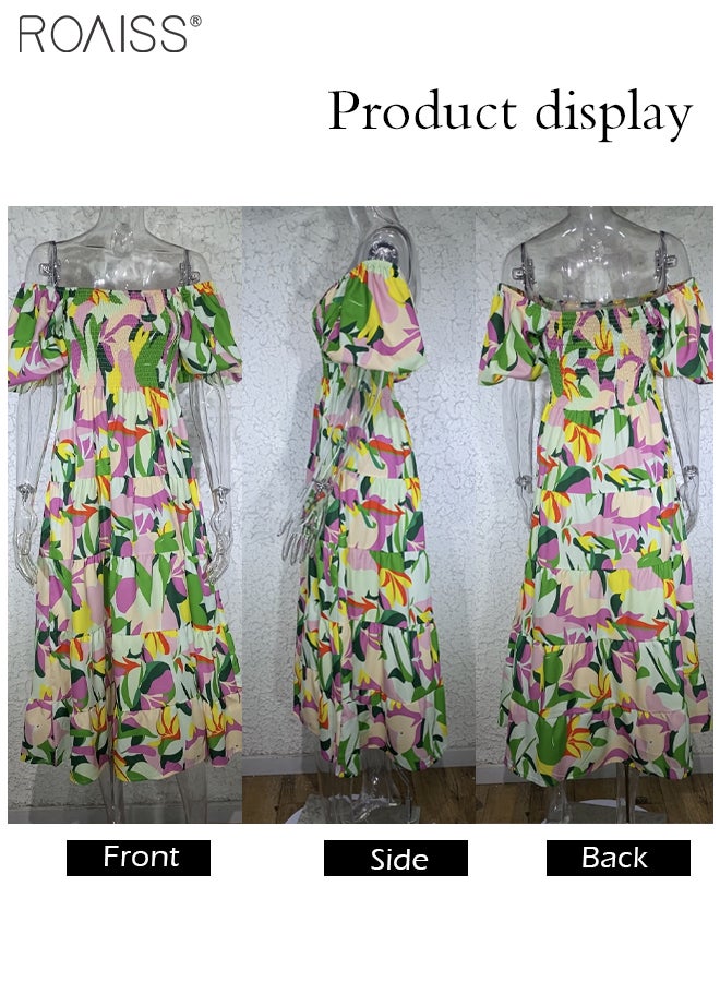 Fashion Printed One-Shoulder Dress For Daily Commuting And Vacation, Puff-Sleeved High-Waisted Large Skirt Dress