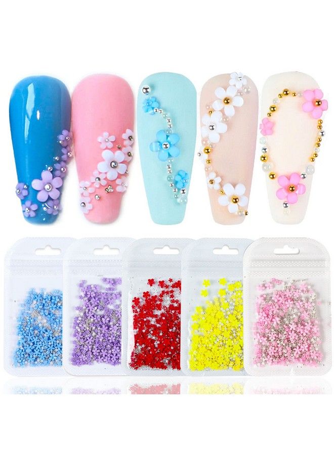 5 Bags 3D Flowers For Nails Flower Nail Charms With Silver Caviar Beads For Acrylic Nail Rhinestone Decorations Flowers Nail Art Studs For Women Nail Art Craft Accessories With Pickup Pencil